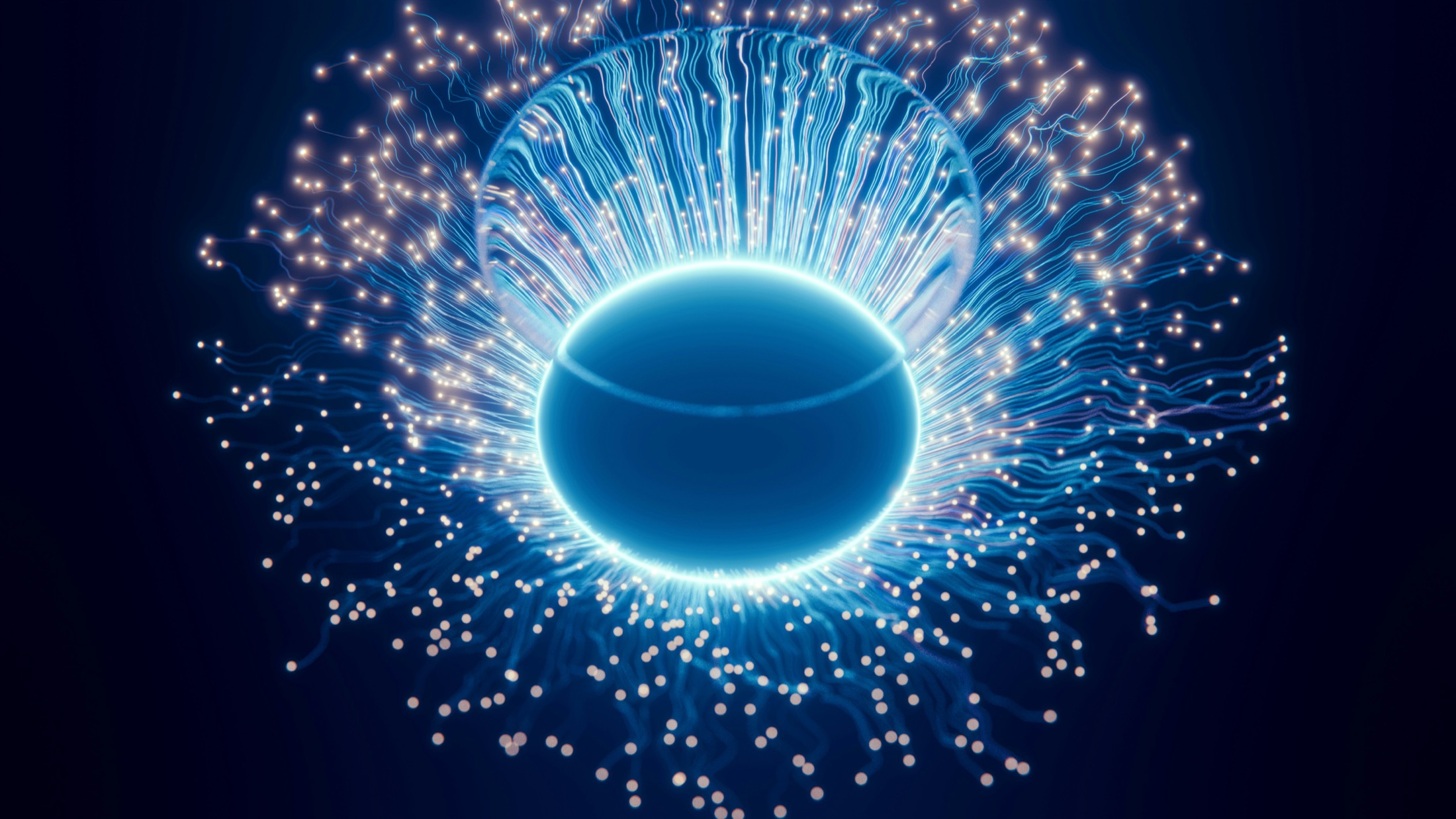 Glowing fiber optic strands radiating from a central sphere